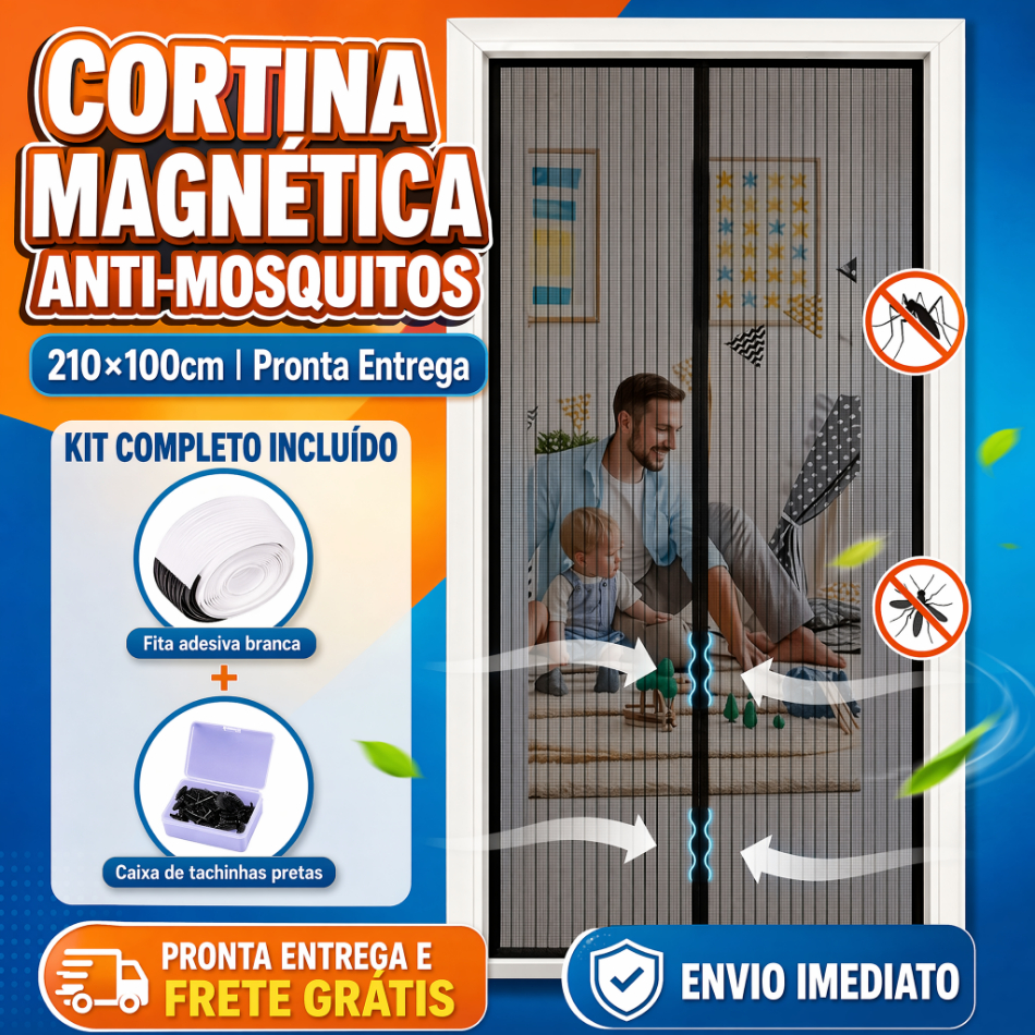 Cortina Magnética Anti-Mosquitos Porta 210x100cm Tela Telar Proteção Contra Insetos Instalação Sem Furar
