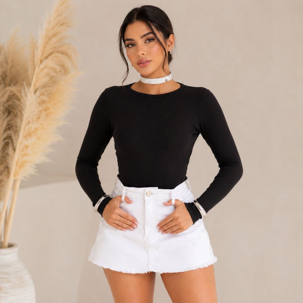 Blusa Cacharrel Feminina Canelada Manga Longa Básica Gola Redonda Elegante