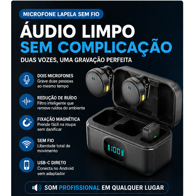 Microfone Lapela Sem Fio Duplo Tipo C com Adaptador Lightning - Anti Ruído Magnético p/ Celular