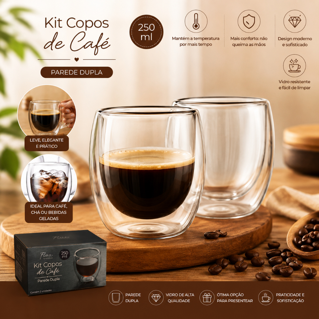 JOGO DE COPO DE VIDRO BOROSSILICATO COM PAREDE DUPLA BISTRO PARA CAFE / CAPPUCCINO FLUX COM 2 PECAS 250ML
