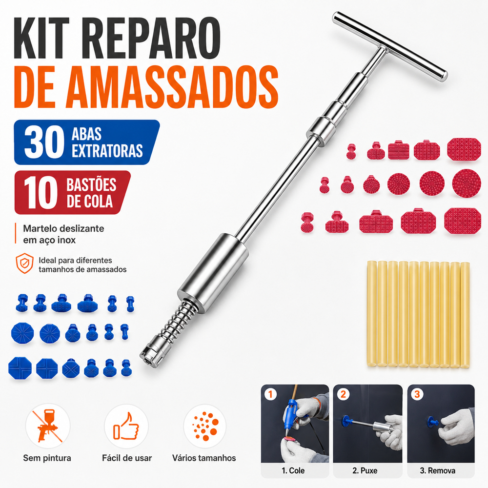 Kit para reparo de amassados ​​em carros, incluindo ferramenta manual em forma de T de alumínio, 30 calços e 10 bastões