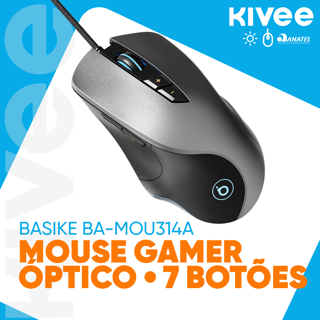 KIVEE Mouse Gamer MOU341 RGB Fade 7200DPI 7 Botões Programáveis Ergonômico Sensor Profissional
