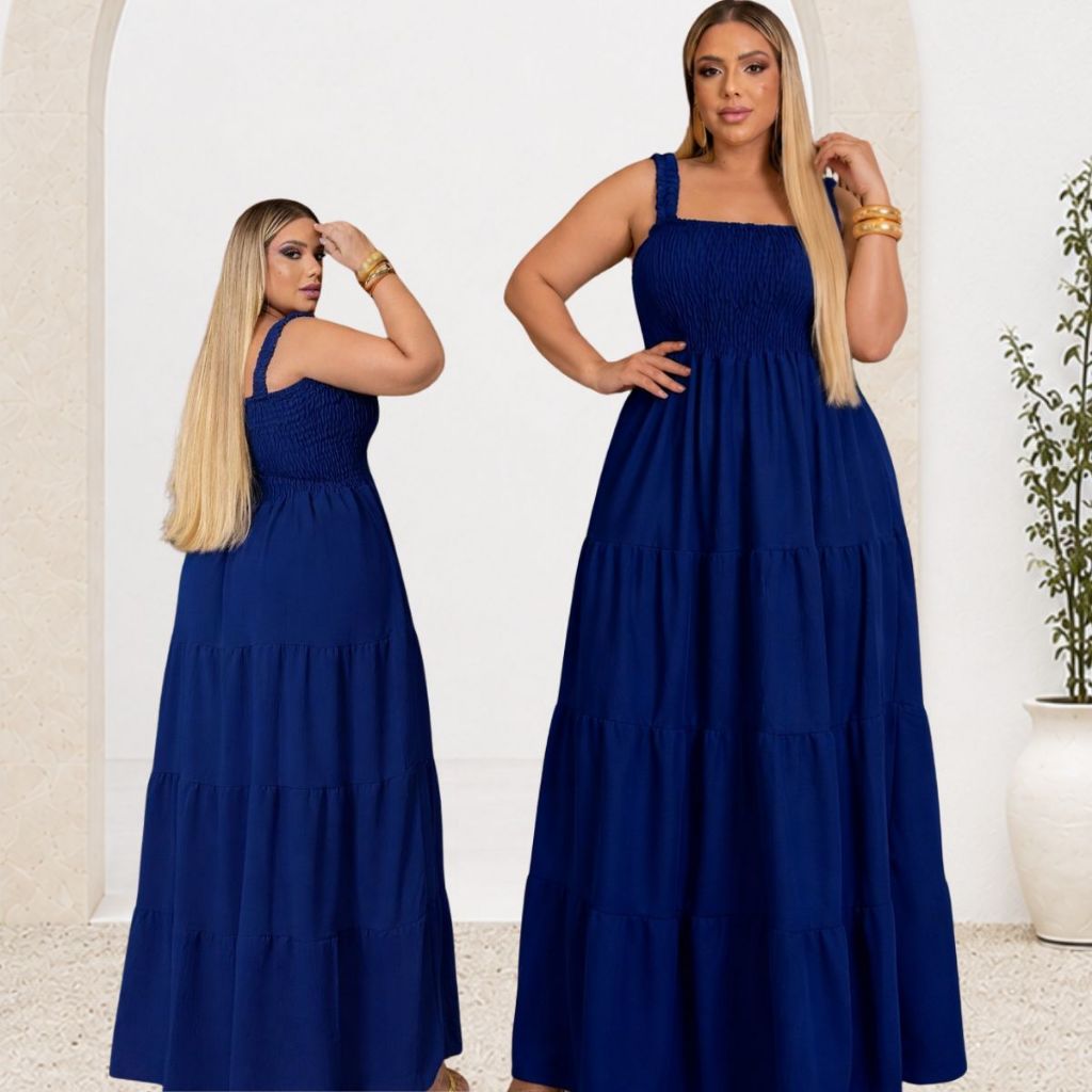 Vestido Longo Rodado Babados Alças Largas Casamento Formatura Festa Elegante Plus Size Moda Maior Curve Midsize
