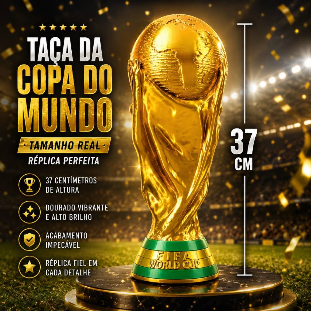 Taça Copa do Mundo 37cm Tamanho Real Réplica Premium Dourada Alto Brilho Colecionável