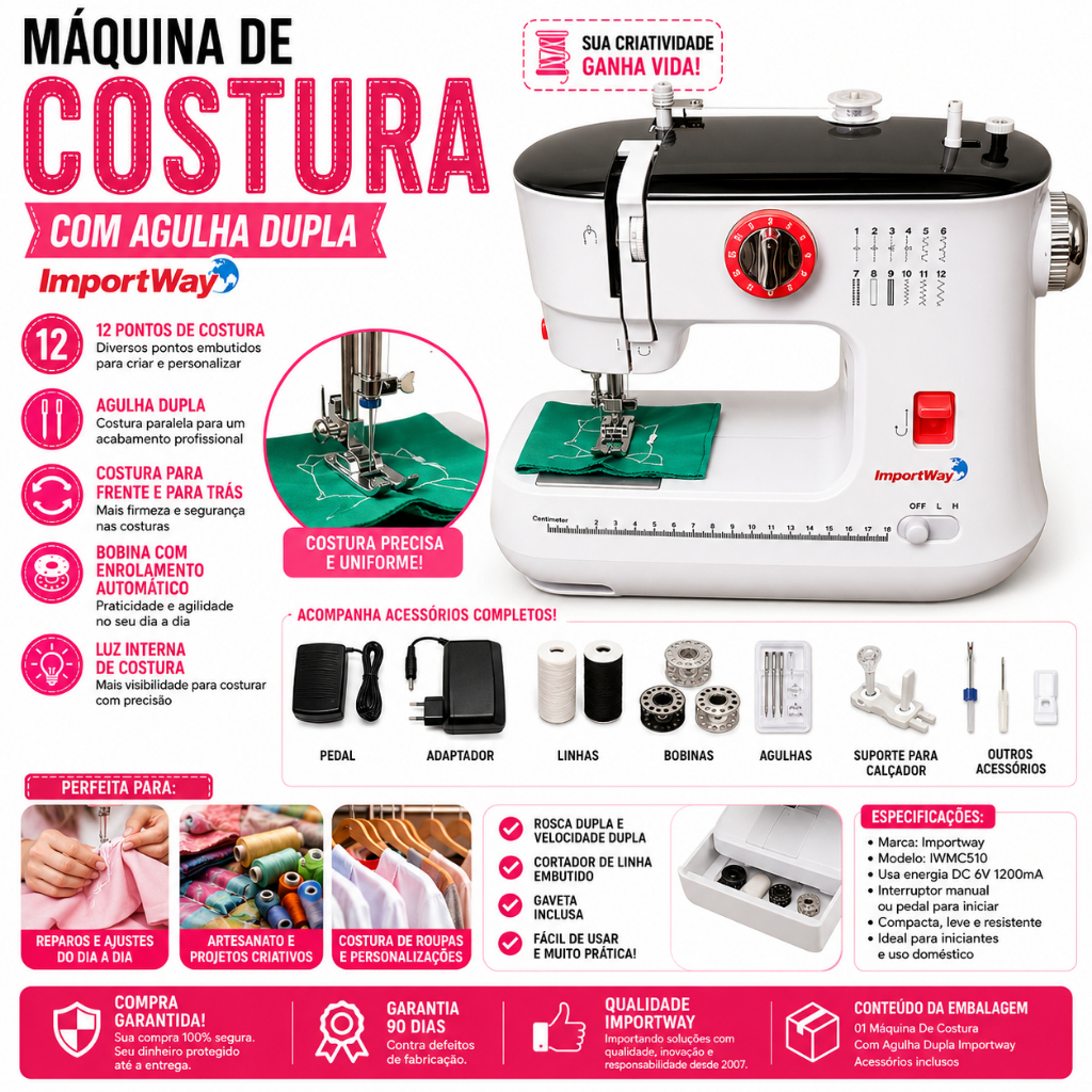 Máquina De Costura Agulha Dupla Bainha Importway Luz E Cortador Cor Branco 110V/220V
