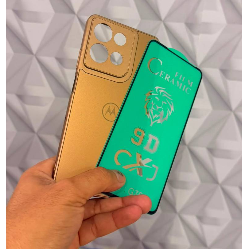 KIT CAPA CAPINHA CASE PREMIUM ACRILICO MARROM GOLD+PELICULA CERAMICA  MOTOROLA G75 AG-GLASS LUXUOSA