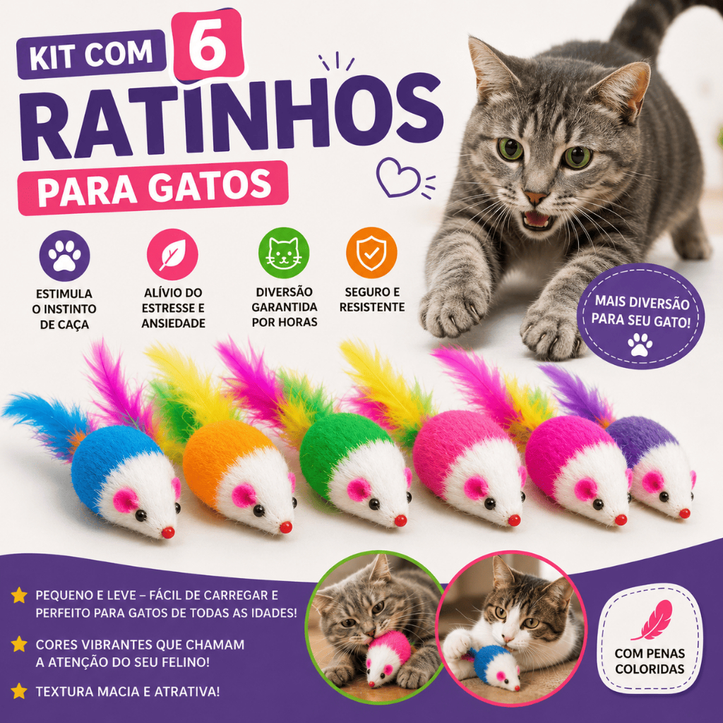 Kit 6 Ratinhos Brinquedo para Gatos com Pena Colorida Interativo Pet
