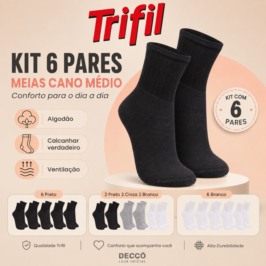 Kit com 6 Pares de Meias Trifil Sport Modelo Cano Médio Lisa Básica Esportiva Calcanhar Verdadeiro