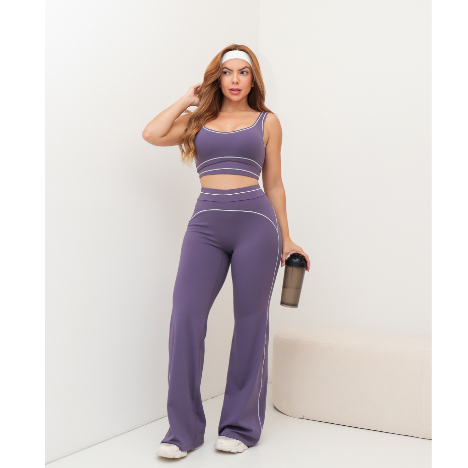 Conjunto Fitness Feminino Top e Calça Pantalona Cintura Alta Academia Esportivo Yoga SD1983