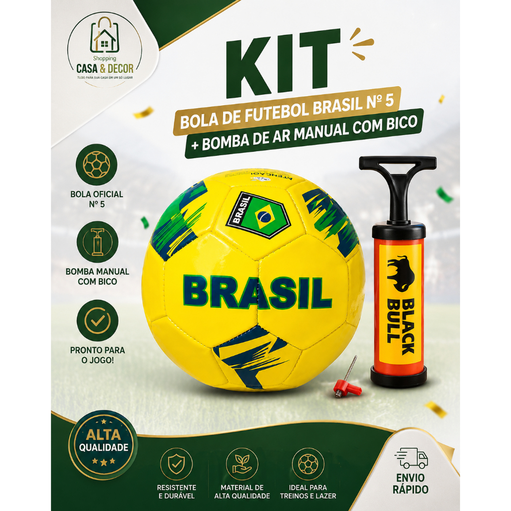 Kit Bola de Futebol Brasil Campo Número 5 + Inflador Bomba de Ar Manual Portátil com Bico