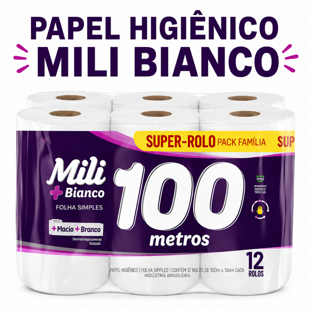 Papel Higiênico Mili Bianco 100 Metros com 12 Rolos - Folha Simples Econômico