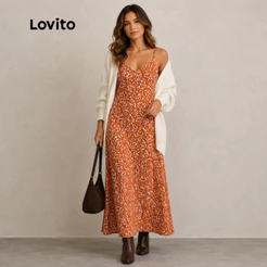 Lovito Vestido Longo Estampado Feminino de Alcinha Casual DRB19061936