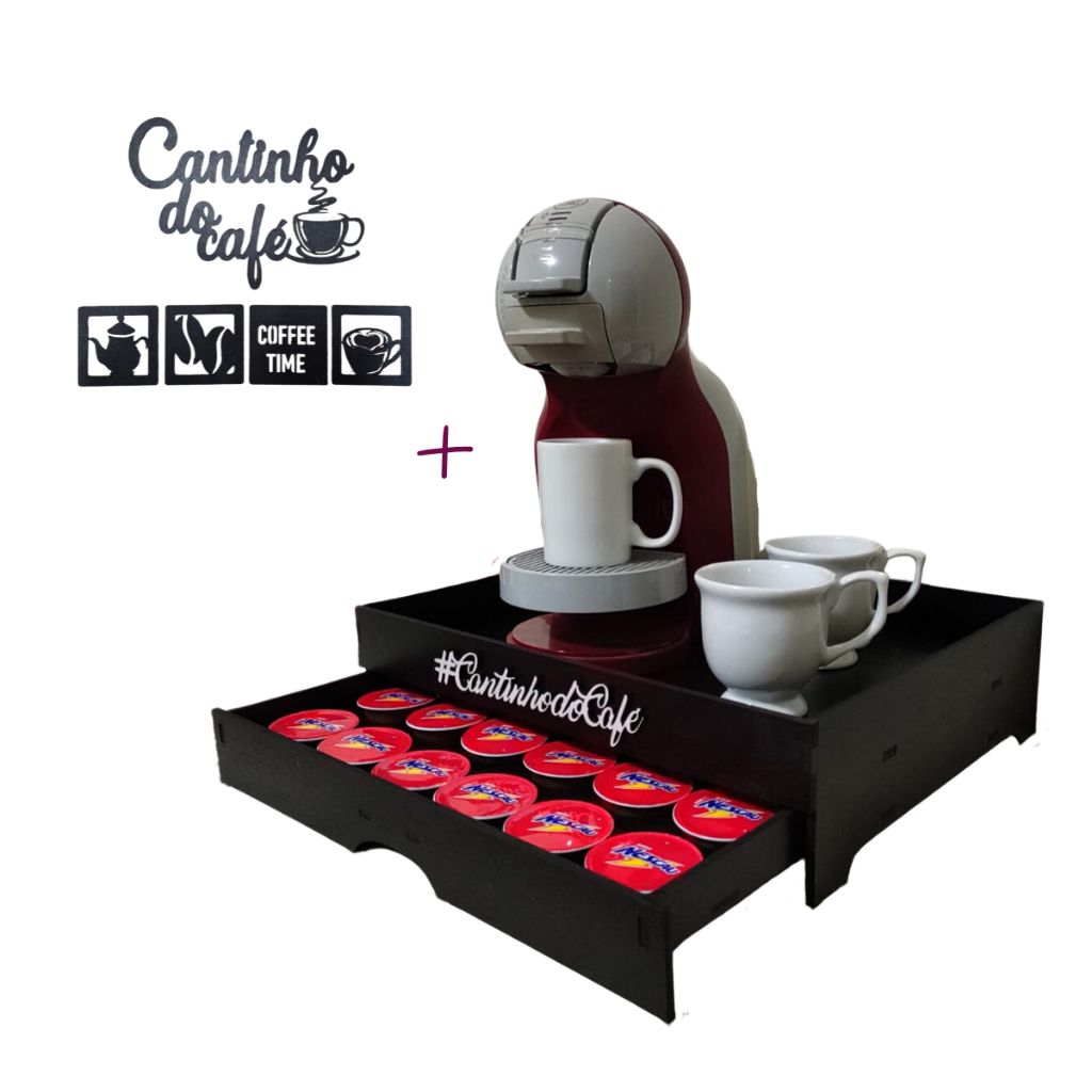 Bandeja Porta-Cápsulas Catinho do Café Dolce Gusto Preta Com Quadro Decorativo MDF Pintado