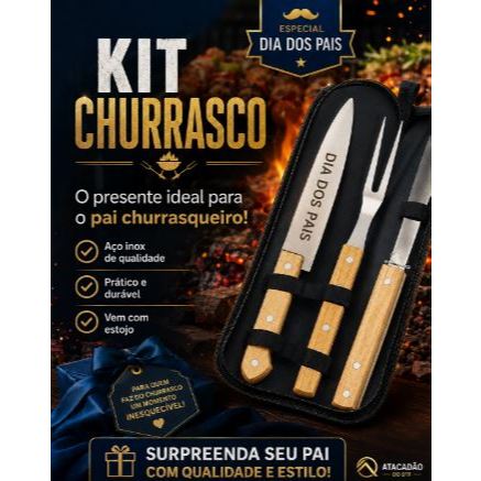 Kit Churrasco 3 Peças em Inox com Cabo de Madeira + Estojo | Faca, Garfo e Pegador Personalizado