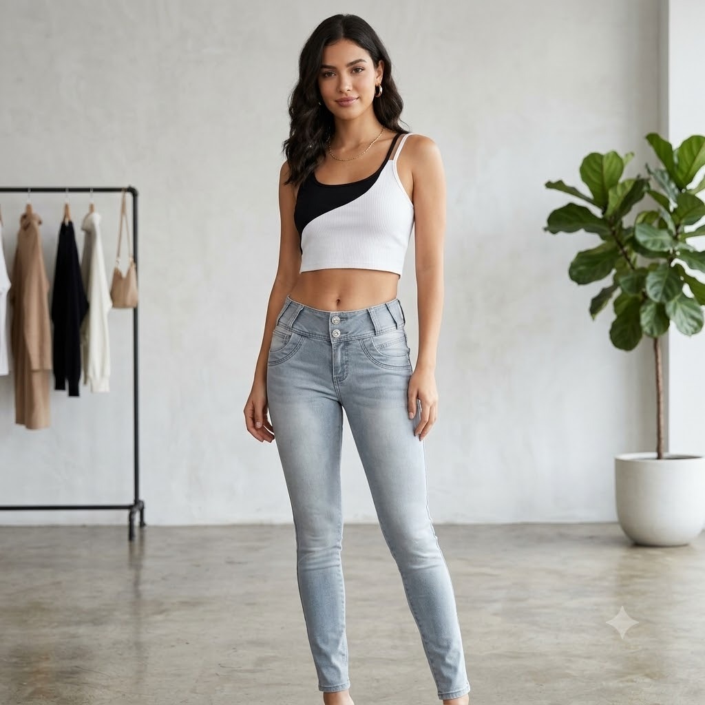 FS 144 - Conjunto de calça jeans feminina, modelo slim, marca Empório e blusa cropped, tamanho 40