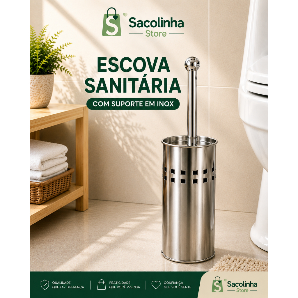 Escova Sanitária Inox com Suporte Porta Escova para Banheiro Aço Inoxidável Moderna