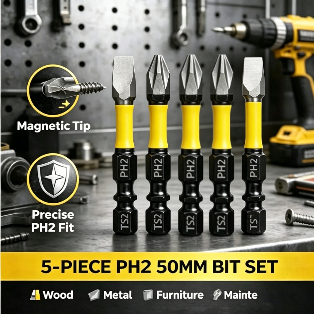 Kit 5 Bits Magnéticos PH2 50mm - Aço Reforçado para Parafusadeira de Impacto