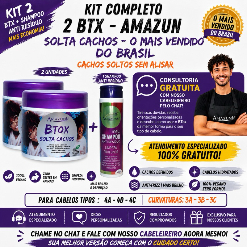 Kit 2 Botox Solta Cachos Amazun 100% Vegano + Shampoo Antiresiduos Amazun