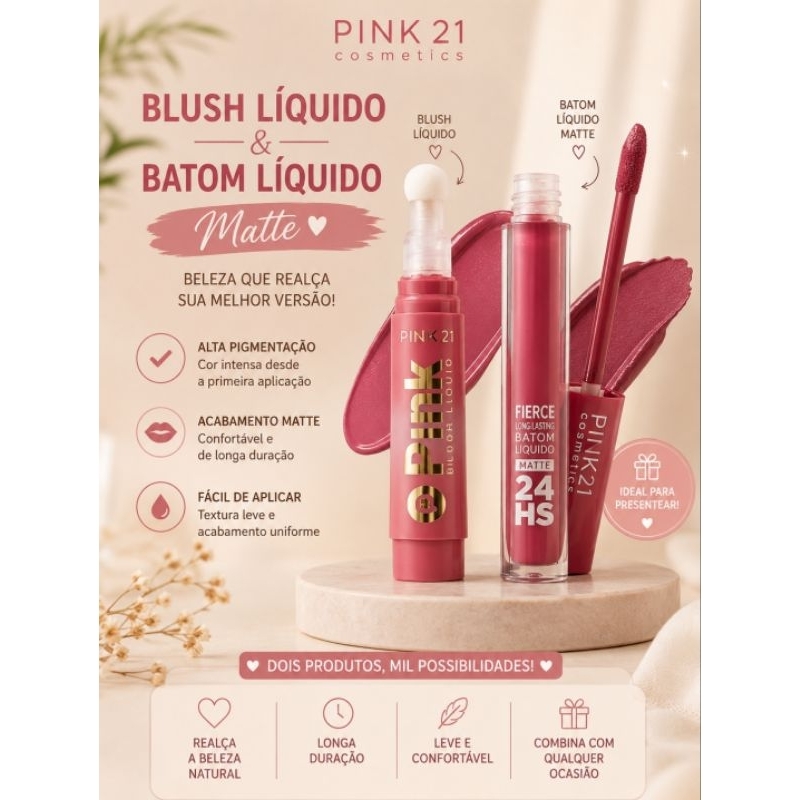 Blush Líquido + Batom Líquido Matte Pink21 | Kit Maquiagem | Longa Duração | Alta Pigmentação | Presente Feminino
