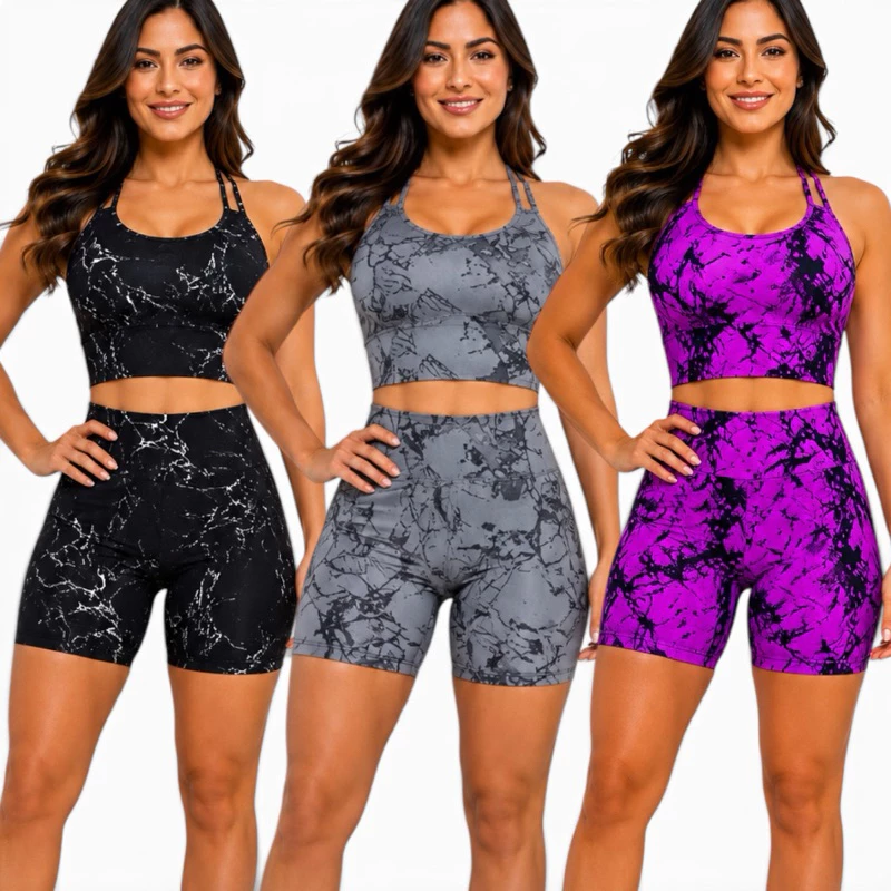 Kit 3 Conjunto Marmorizado Top Trançado Bojo Rem Shorts Meia Coxa Roupa Feminina Fitness Academia — imagem 1
