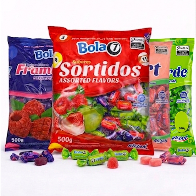 🍬 Bala Mastigável Bola 7 Riclan 500g - Escolha seu Sabor: Yogurt, Framboesa ou Sortidos