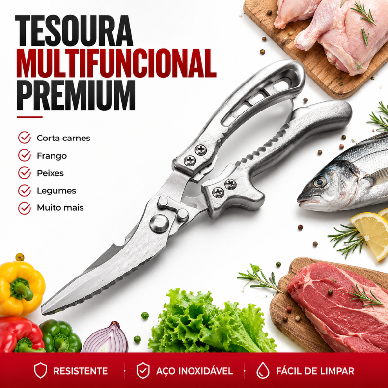 Tesoura Multifuncional Premium em Aço Inox Super Resistente para Cozinha