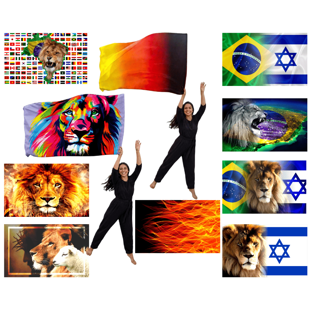 Flags bandeira (cada) fogo, leão, nações, Brasil, Israel 1x1,45m dança profética cristã