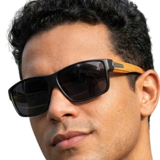 Óculos De Sol Masculino Casual Esportivo Haste Madeira Retangular Praia Surf Proteção UV400 MD-23