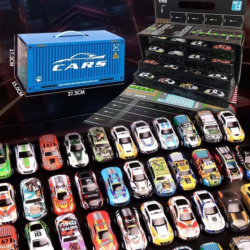 Kit 48 Carrinhos De Friccao Com Pista Corrida Maleta Container Coloridos Brinquedo Menino Infantil Carro
