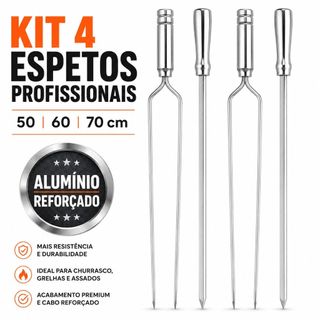 Kit 4 Espetos Alumínio Profissional Churrasco 50 60 70 Cabo Reforçado Espeto Chato Kit Espetos Churrasco Aluminio