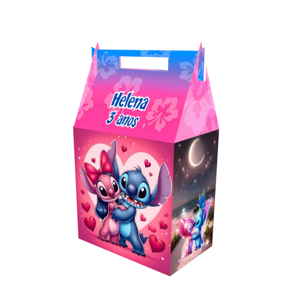 Caixinhas Surpresa Stitch Angel Corações Lembrancinha de Aniversário Maletinhas Personalizado Com NOME e IDADE