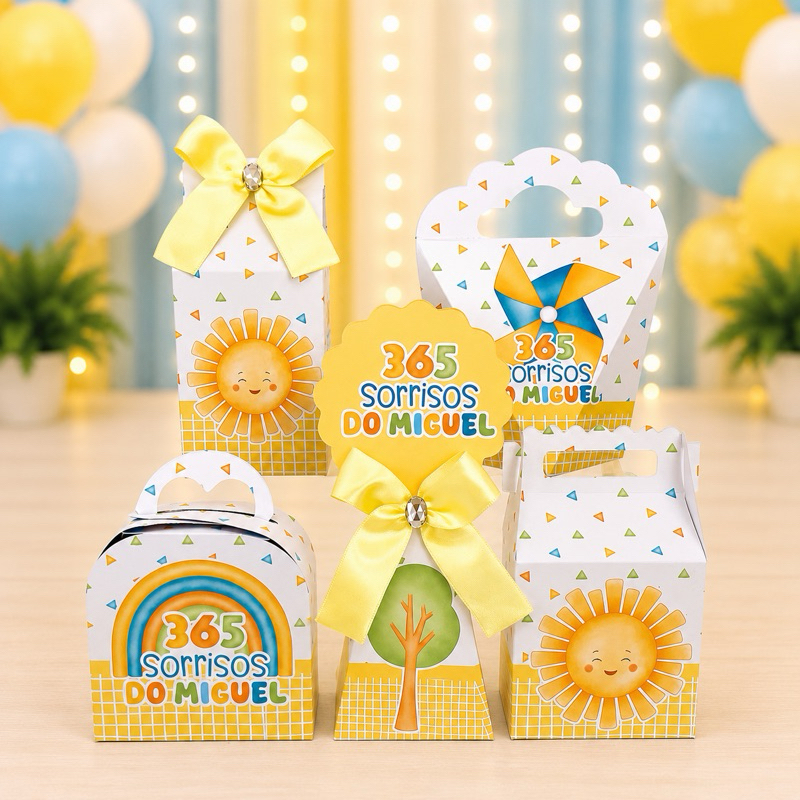 Kit Festa 365 Sorrisos Amarelo - Caixinhas para festa infantis lembrancinhas de aniversario mimos decoração personalizad