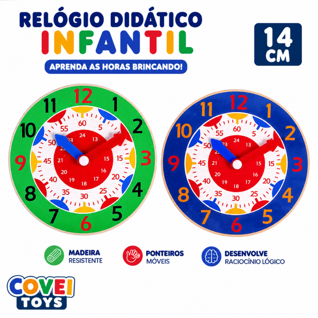 Relógio Pedagógico Infantil 14cm MDF Material Educativo Para Aprender Horas Brincando