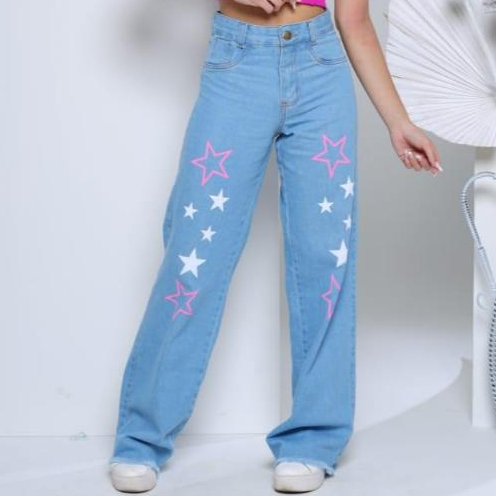 Calça Infantil Jeans Menina Juvenil Cintura Alta Wide Leg Estampada Estrela Lavagem Clara