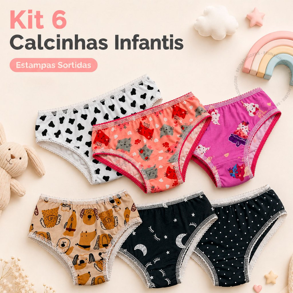 Kit 6 Calcinhas Infantil Menina Criança Confortável Estampas Divertidas Sortidas Moda Feminina