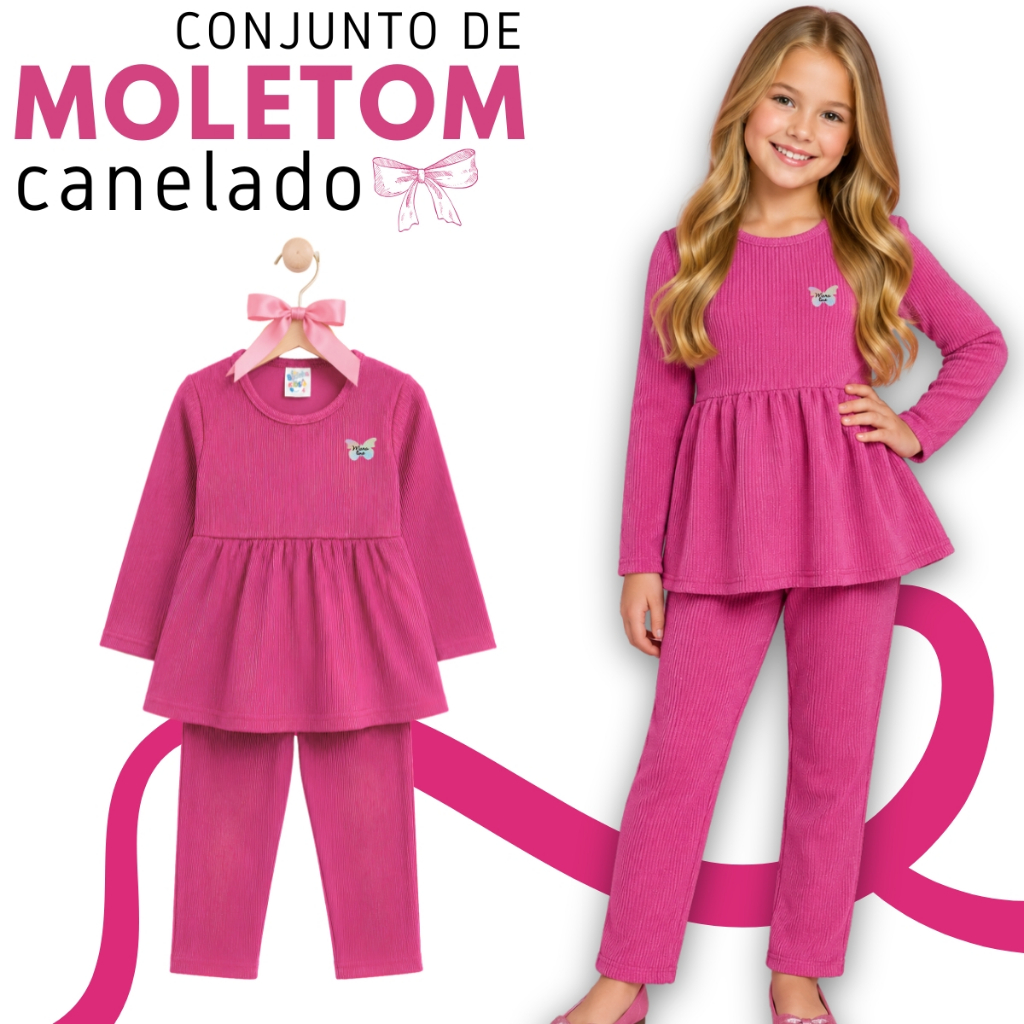 Conjunto Infantil Menina Moletom Canelado Babados - Quentinho e Confortável- Inverno