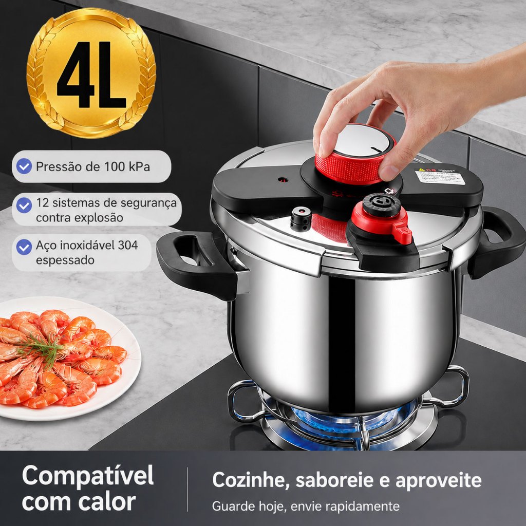 Imagem Panela de Pressão Inox 4/8L Fundo Triplo e Compatível Indução/Gás Fechamento Prático