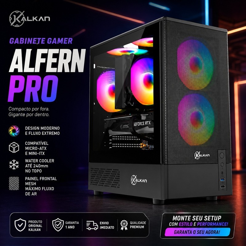 Gabinete Gamer Kalkan Alfern Pro Preto Micro-ATX Painel Frontal Mesh Sem Fans USB 3.0 Janela Lateral em Vidro Temperado