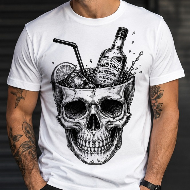 Camiseta Rock Halloween Crânio Bebida Vintage Masculina Feminina 100% Algodão Feminina Estampa Tecido Confortável