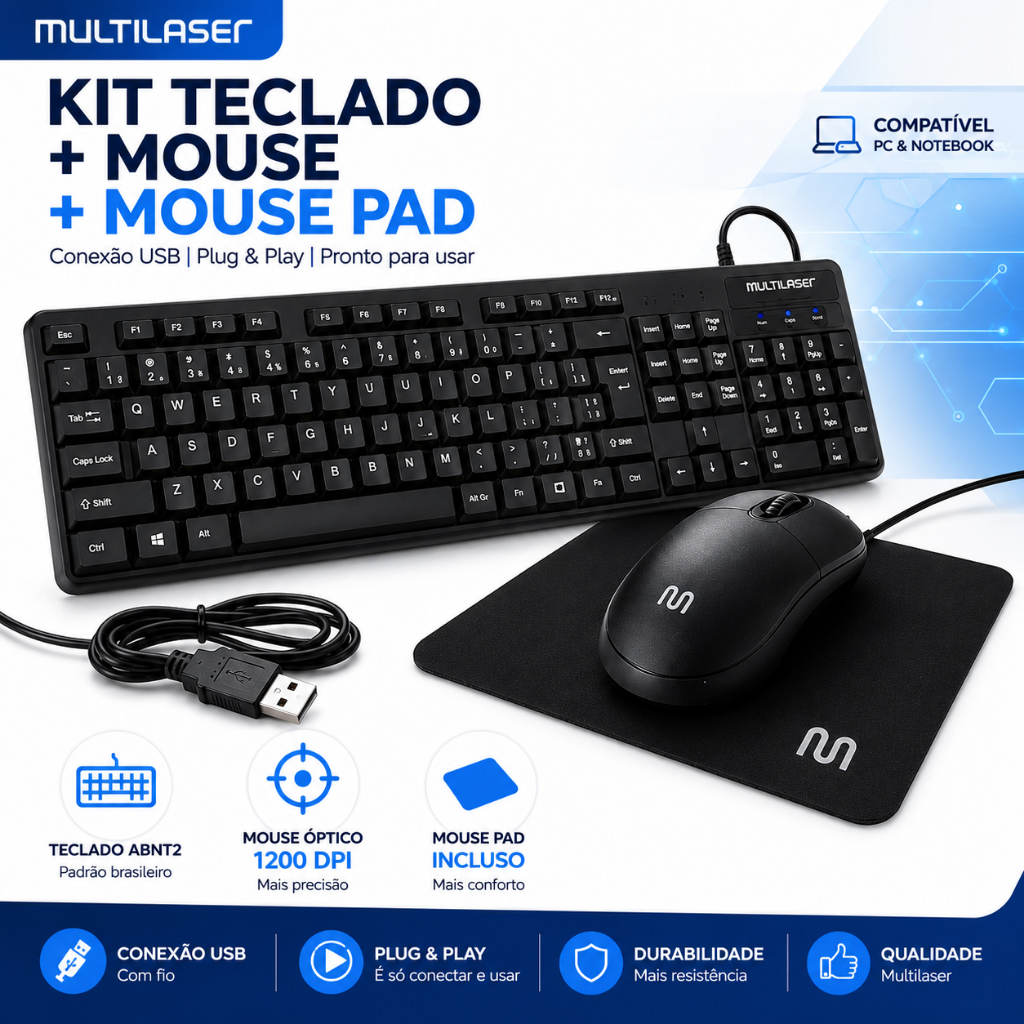 Kit Teclado e Mouse USB Multilaser com Mouse Pad 1200 DPI para PC Notebook Home Office