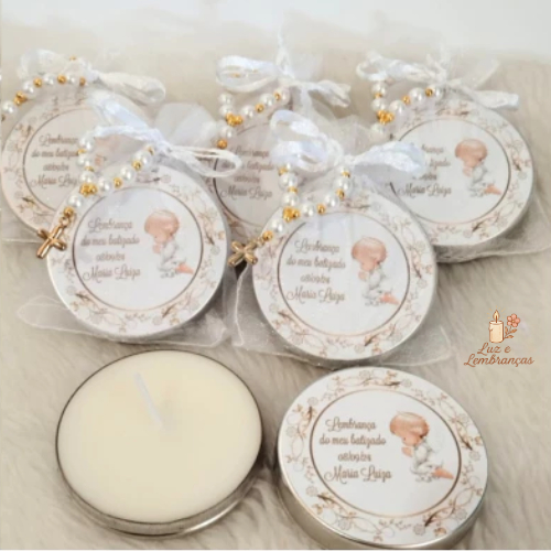 10 velas Luxo no saquinho de organza e Mini terço lembrancinha de batizado anjinha dourada