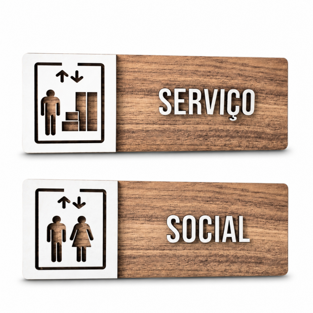 Placa Sinalização Elevador Serviço Social MDF 25x9cm Dupla Camada Para Condomínio Empresa