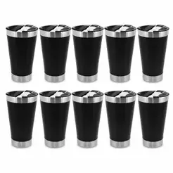 Kit 10 Copos Térmico De Cerveja Café Aço Inox 473ml Com Tampa Preto