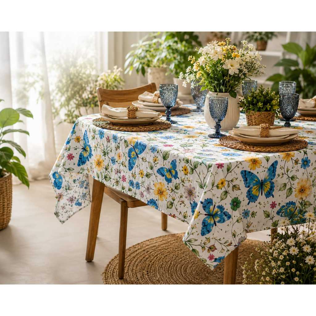 Toalha De Mesa Borboleta Azul e Roxa 4,6 e 8 Lugares Decoração e Mesa Posta Tecido Resistente Envio Rápido