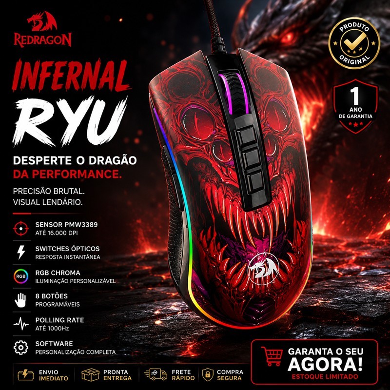 Mouse Gamer Redragon Infernal Ryu RGB 16000 DPI PMW3389 Switch Óptico Original Envio Imediato