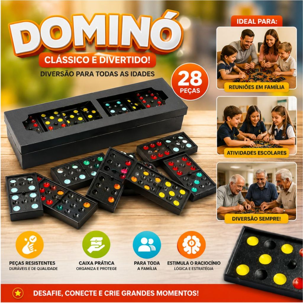 Dominó Kit 40 Unidades Preto Clássico Plástico Pontos Coloridos Estojo