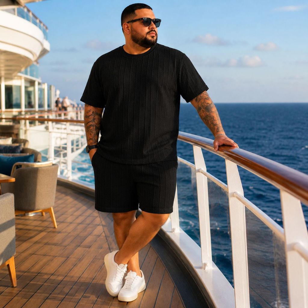 Conjunto Masculino Plus Size de Camiseta e Shorts Texturizados 2 peças tecido Premium