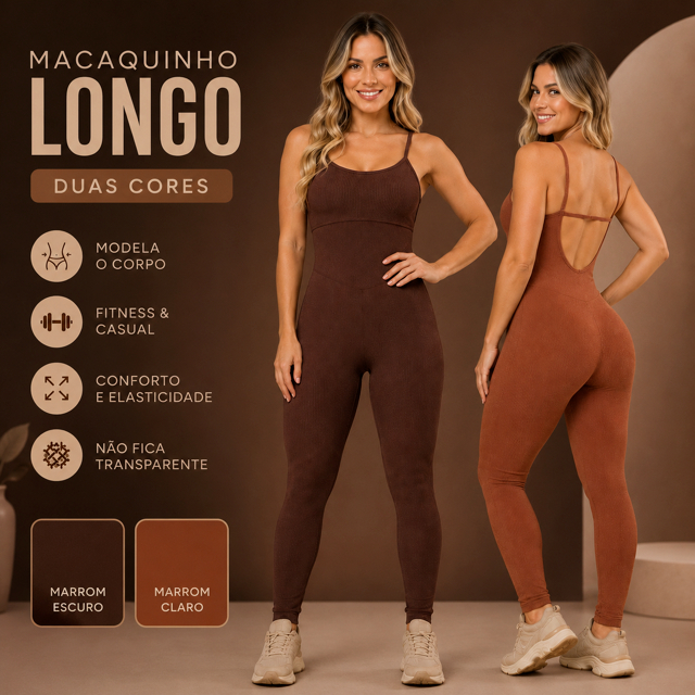 Macacão Longo Feminino Fitness Alça Fina Canelado Marrom Macaquinho Longo