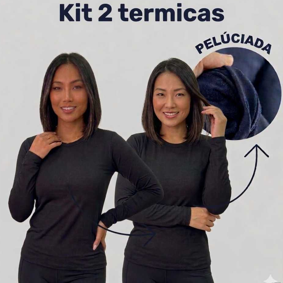 kit 2 Térmica Flanelada Peluciada Feminina Proteção Segunda Pele Camiseta Blusa Frio Manga Longa