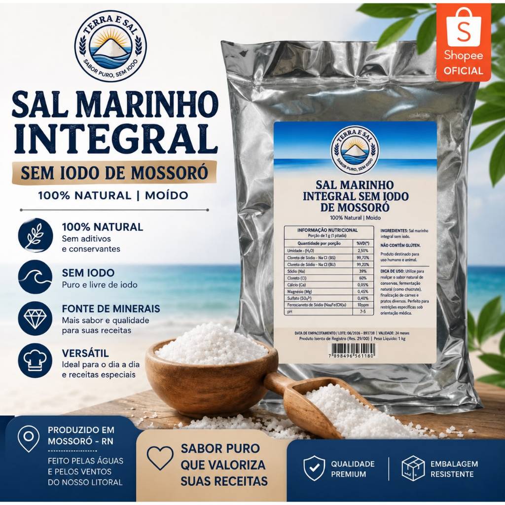 Sal Marinho Integral de Mossoró: 100% Puro, SEM IODO 1KG